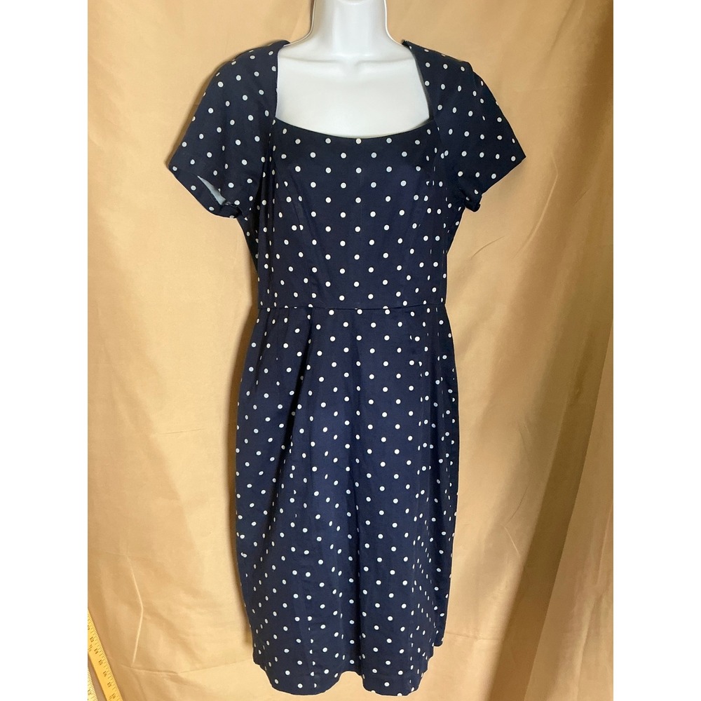 Eva Mendes New York & Company Dress Women 8 Navy Blue Excellent Polka Dot Sheath